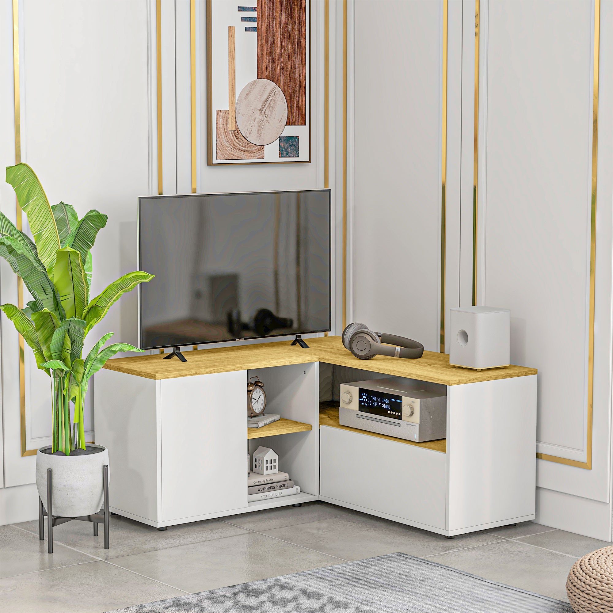 Corner TV Stand Television Stand up to 40 inches with Light Wood and White Storage