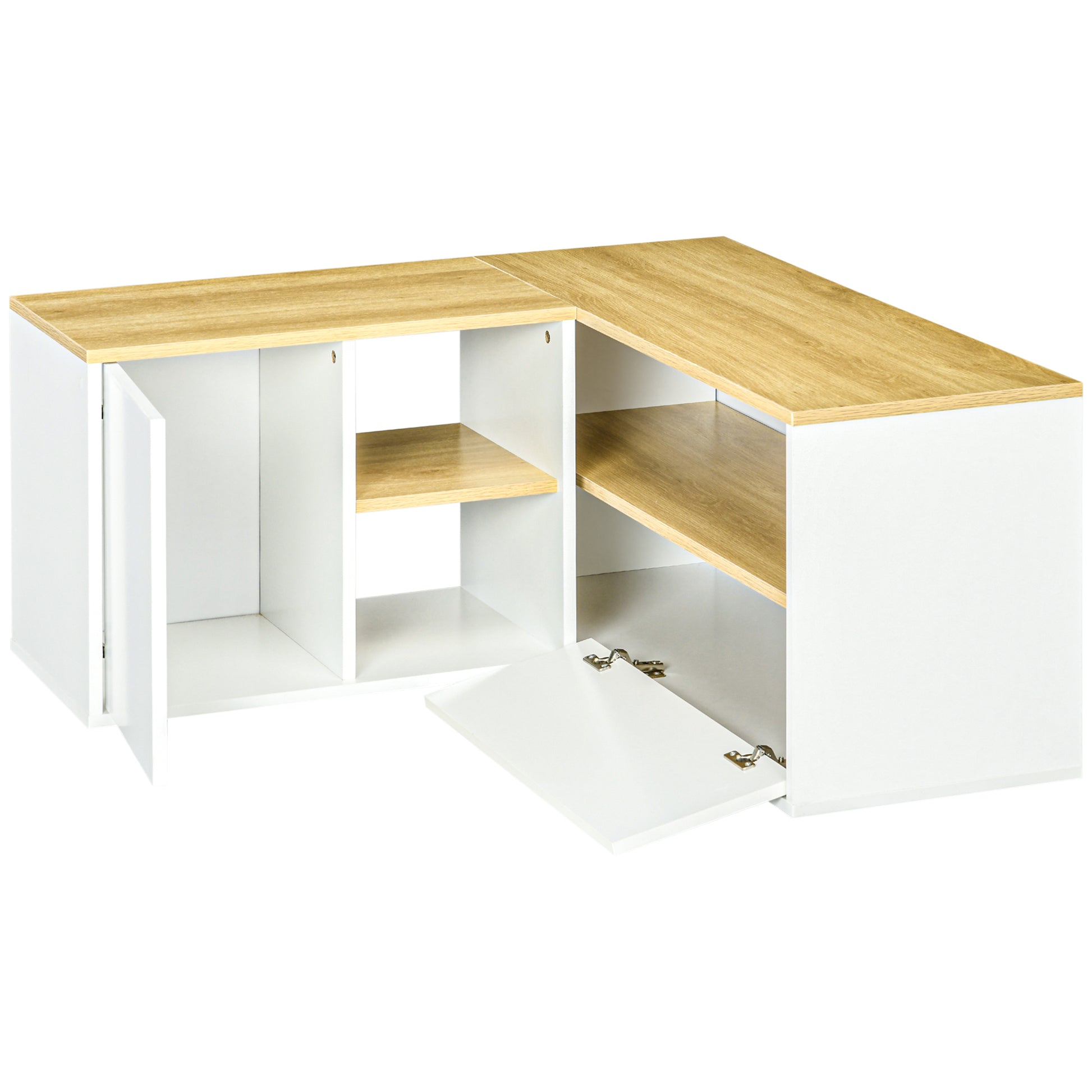 Corner TV Stand Television Stand up to 40 inches with Light Wood and White Storage