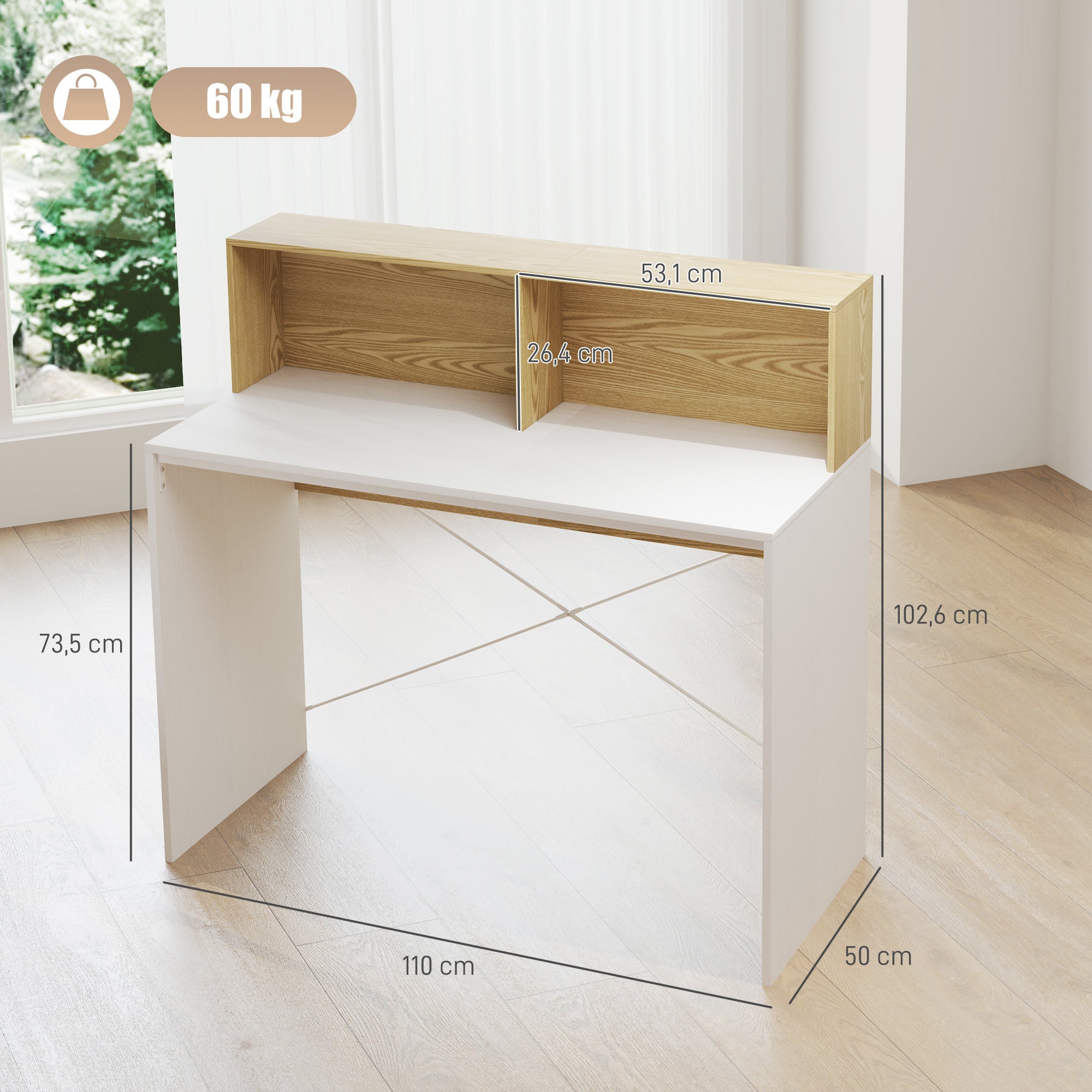 Computer Desk with Storage Table 110 x 50 cm with 2 Open Compartments and Shelf, Computer Desk for Bedroom, Small Spaces, White and Natural