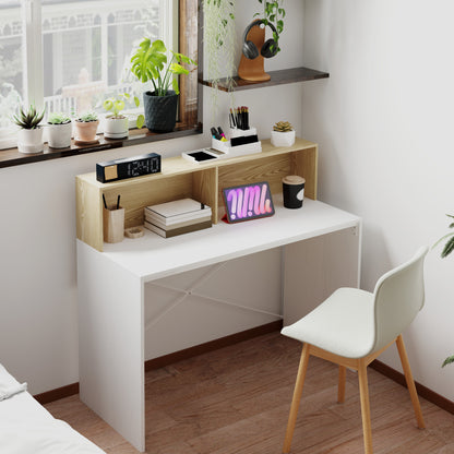 Computer Desk with Storage Table 110 x 50 cm with 2 Open Compartments and Shelf, Computer Desk for Bedroom, Small Spaces, White and Natural