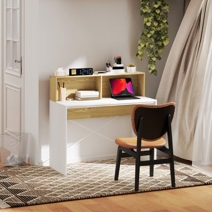 Computer Desk with Storage Table 110 x 50 cm with 2 Open Compartments and Shelf, Computer Desk for Bedroom, Small Spaces, White and Natural