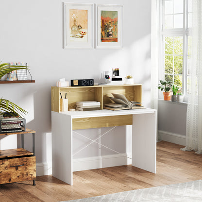 Computer Desk with Storage Table 110 x 50 cm with 2 Open Compartments and Shelf, Computer Desk for Bedroom, Small Spaces, White and Natural