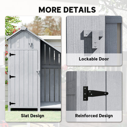 Weather-Resistant Spruce Wood Garden Storage Cabinet with Asphalt Roof and Shelves, Gray — 129 x 51.5 x 180 cm (50.8 x 20.3 x 70.9 in)
