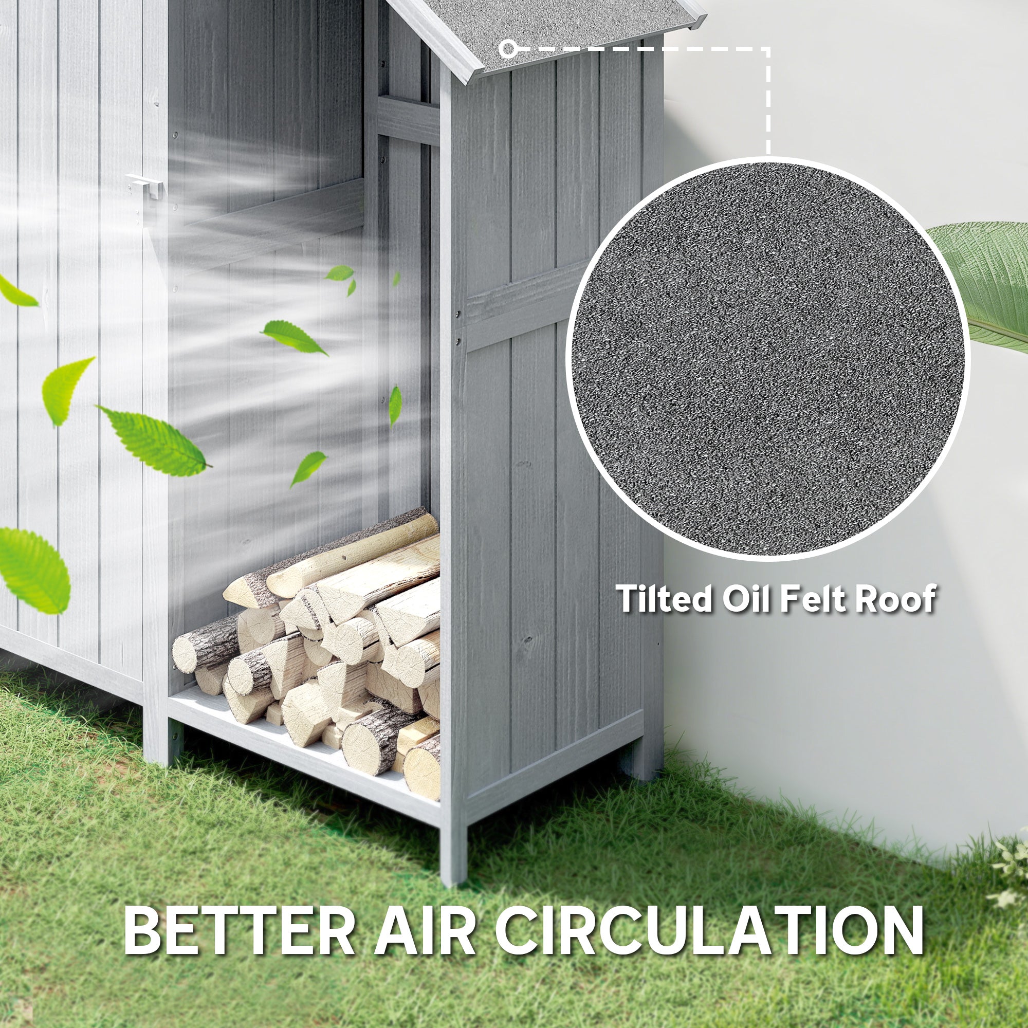 Weather-Resistant Spruce Wood Garden Storage Cabinet with Asphalt Roof and Shelves, Gray — 129 x 51.5 x 180 cm (50.8 x 20.3 x 70.9 in)