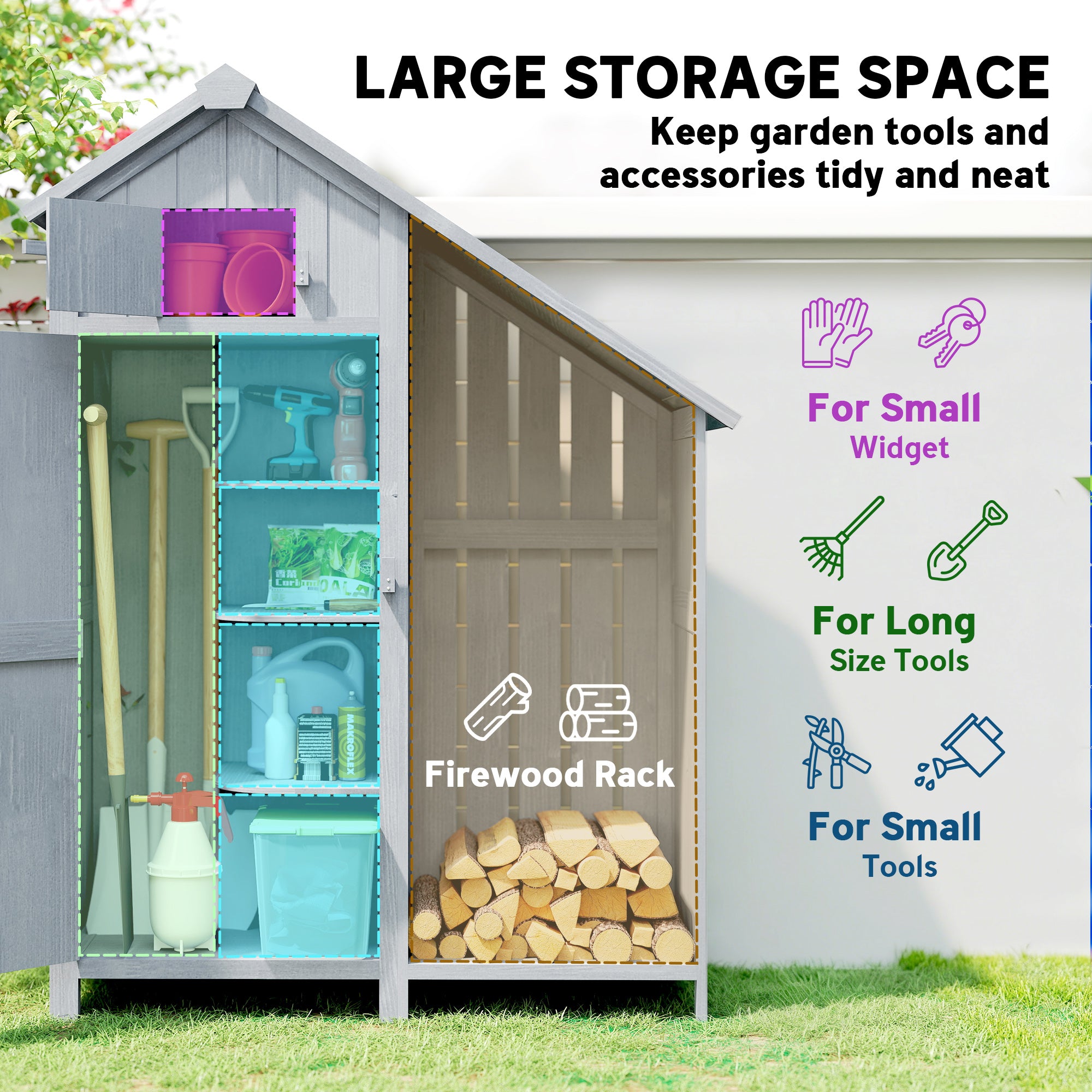 Weather-Resistant Spruce Wood Garden Storage Cabinet with Asphalt Roof and Shelves, Gray — 129 x 51.5 x 180 cm (50.8 x 20.3 x 70.9 in)