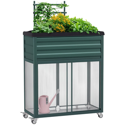Raised Garden Bed with Trellis, Flower Box with Wheels, Planting Bed with Storage Shelf for Patio, Balcony, Galvanized Steel, Green, 85 x 40 x 135 cm