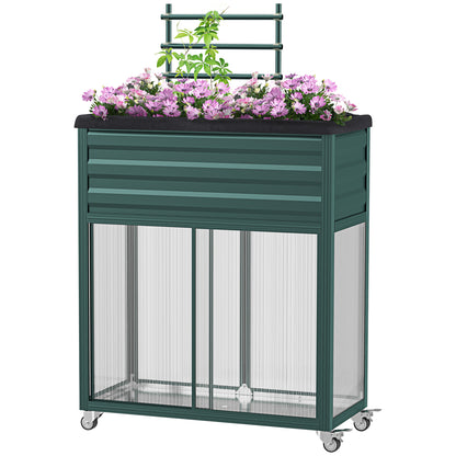Raised Garden Bed with Trellis, Flower Box with Wheels, Planting Bed with Storage Shelf for Patio, Balcony, Galvanized Steel, Green, 85 x 40 x 135 cm