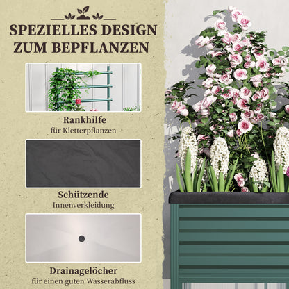 Raised Garden Bed with Trellis, Flower Box with Wheels, Planting Bed with Storage Shelf for Patio, Balcony, Galvanized Steel, Green, 85 x 40 x 135 cm