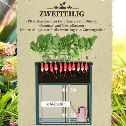 Raised Garden Bed with Trellis, Flower Box with Wheels, Planting Bed with Storage Shelf for Patio, Balcony, Galvanized Steel, Green, 85 x 40 x 135 cm