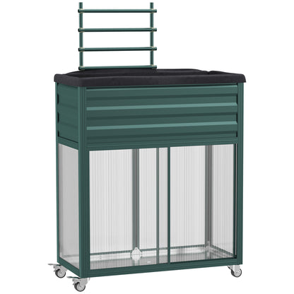 Raised Garden Bed with Trellis, Flower Box with Wheels, Planting Bed with Storage Shelf for Patio, Balcony, Galvanized Steel, Green, 85 x 40 x 135 cm