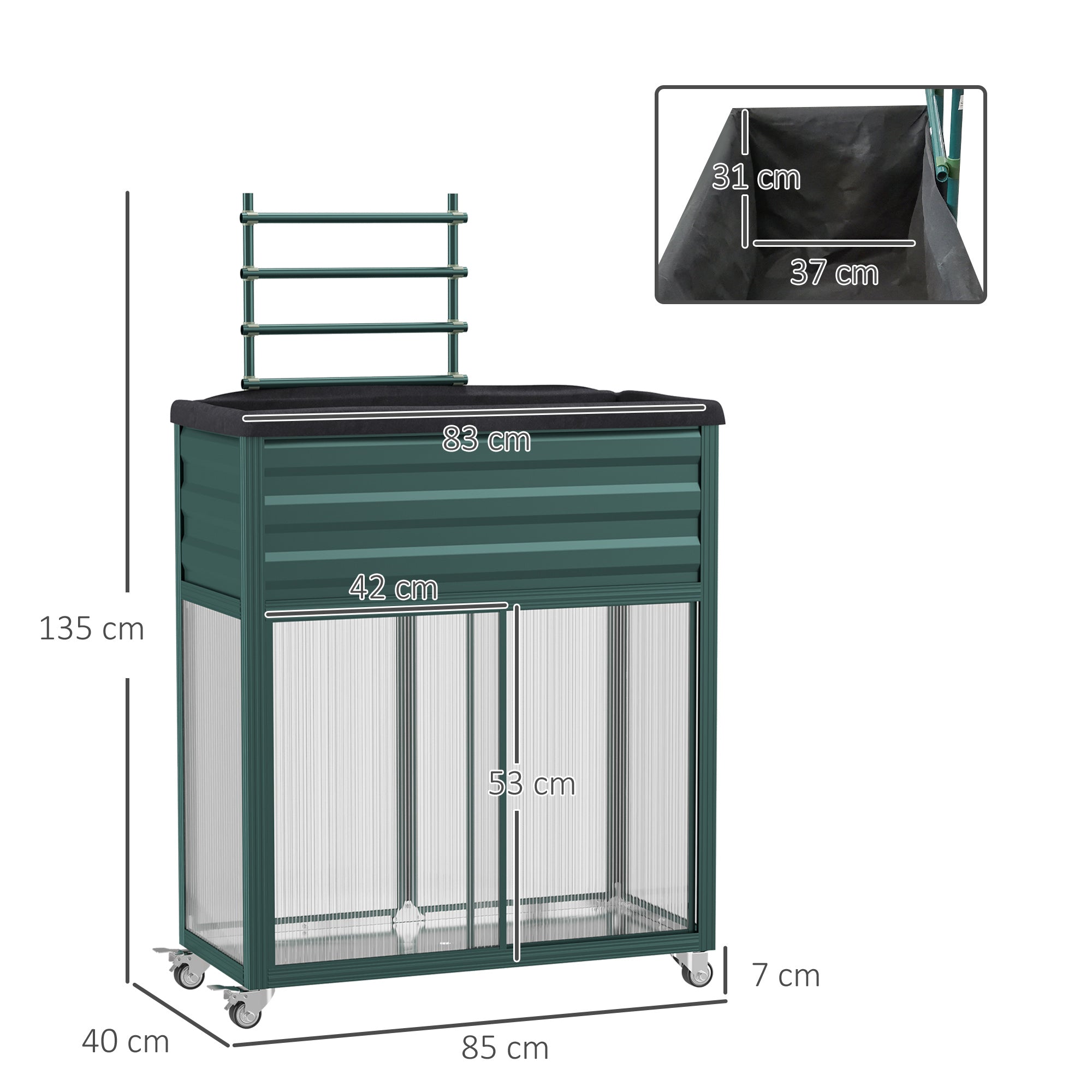 Raised Garden Bed with Trellis, Flower Box with Wheels, Planting Bed with Storage Shelf for Patio, Balcony, Galvanized Steel, Green, 85 x 40 x 135 cm