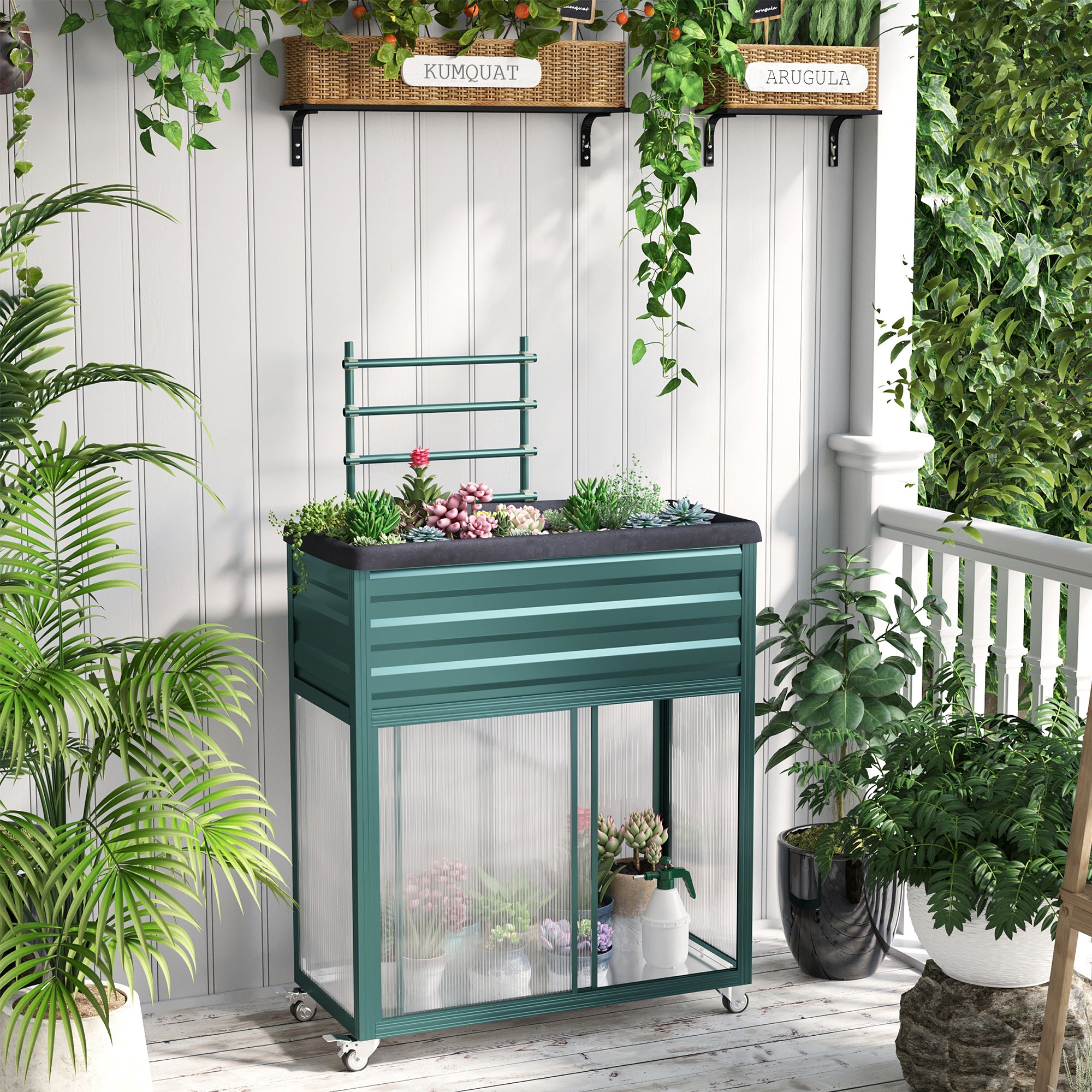 Raised Garden Bed with Trellis, Flower Box with Wheels, Planting Bed with Storage Shelf for Patio, Balcony, Galvanized Steel, Green, 85 x 40 x 135 cm