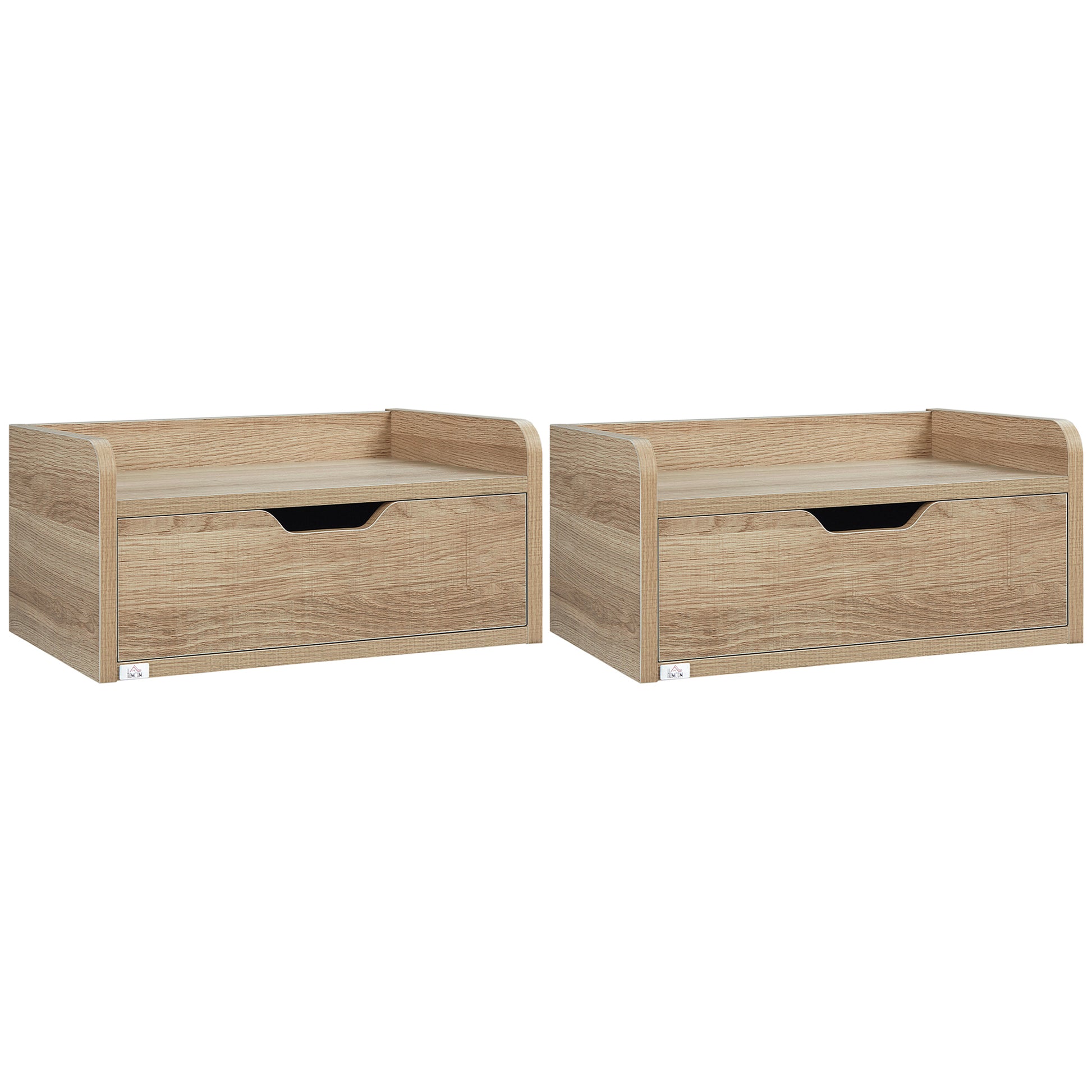 Set of 2 Wall-Mounted Bedside Tables Nightstands - Sliding Drawer, Shelf - Natural Particle Board 40W x 30D x 19.5H cm