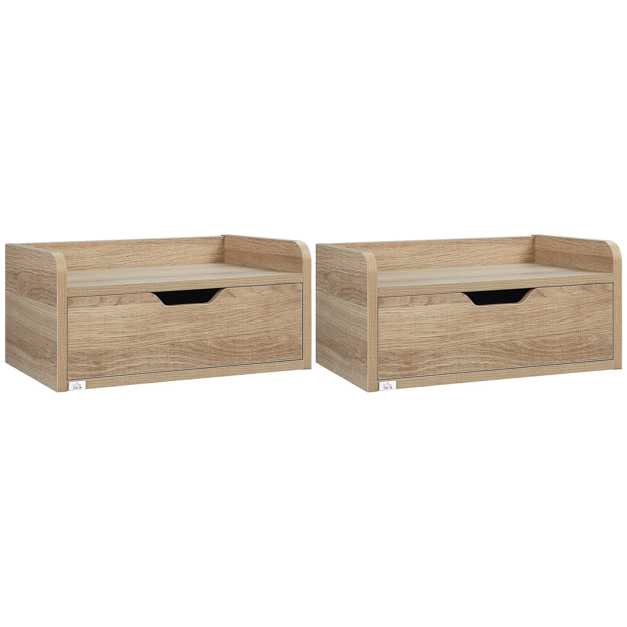 Set of 2 Wall-Mounted Bedside Tables Nightstands - Sliding Drawer, Shelf - Natural Particle Board 40W x 30D x 19.5H cm