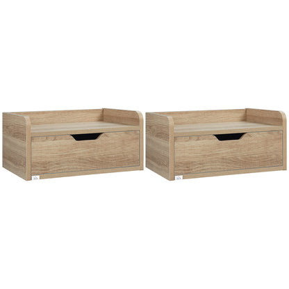 Set of 2 Wall-Mounted Bedside Tables Nightstands - Sliding Drawer, Shelf - Natural Particle Board 40W x 30D x 19.5H cm
