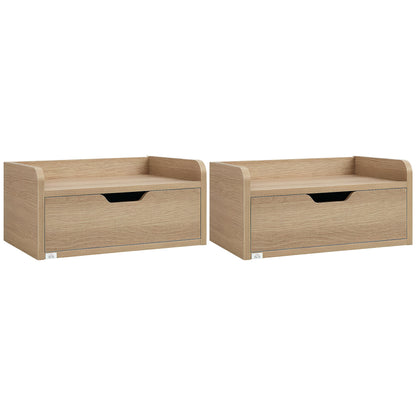 Set of 2 Wall-Mounted Bedside Tables Nightstands - Sliding Drawer, Shelf - Natural Particle Board 40W x 30D x 19.5H cm