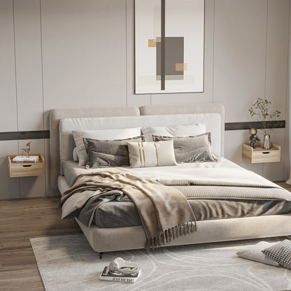 Set of 2 Wall-Mounted Bedside Tables Nightstands - Sliding Drawer, Shelf - Natural Particle Board 40W x 30D x 19.5H cm