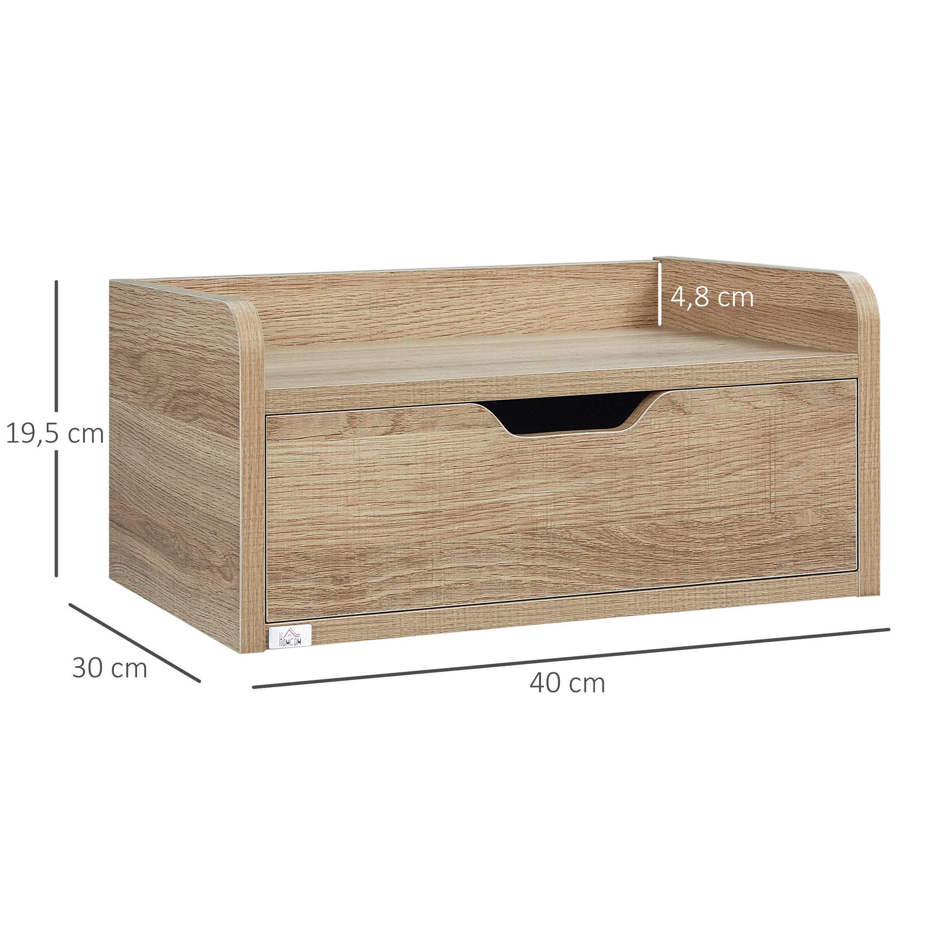 Set of 2 Wall-Mounted Bedside Tables Nightstands - Sliding Drawer, Shelf - Natural Particle Board 40W x 30D x 19.5H cm