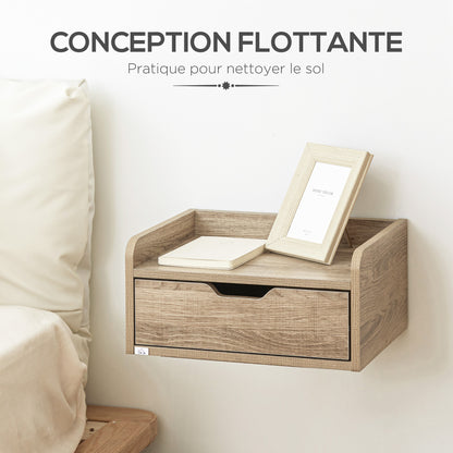 Set of 2 Wall-Mounted Bedside Tables Nightstands - Sliding Drawer, Shelf - Natural Particle Board 40W x 30D x 19.5H cm