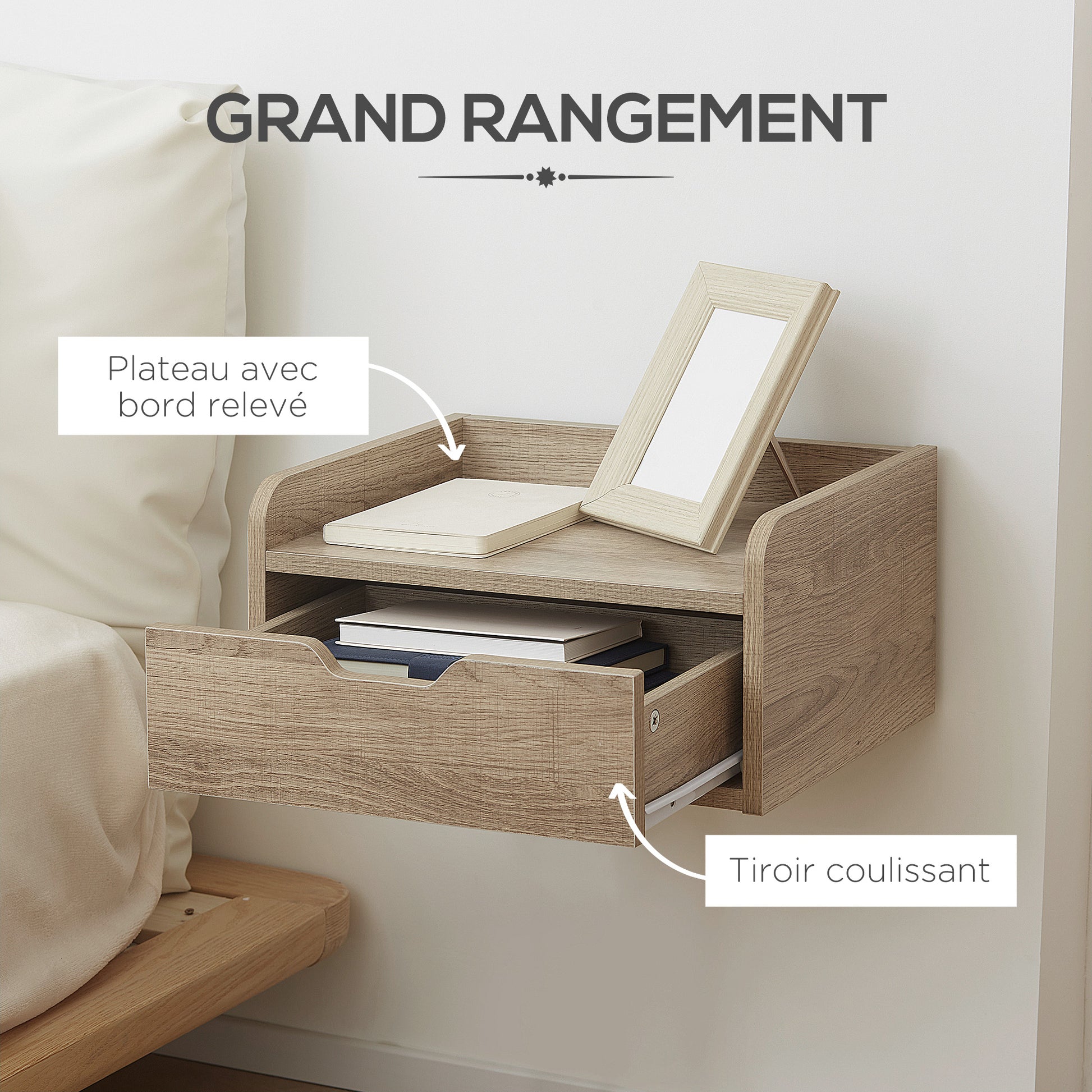 Set of 2 Wall-Mounted Bedside Tables Nightstands - Sliding Drawer, Shelf - Natural Particle Board 40W x 30D x 19.5H cm
