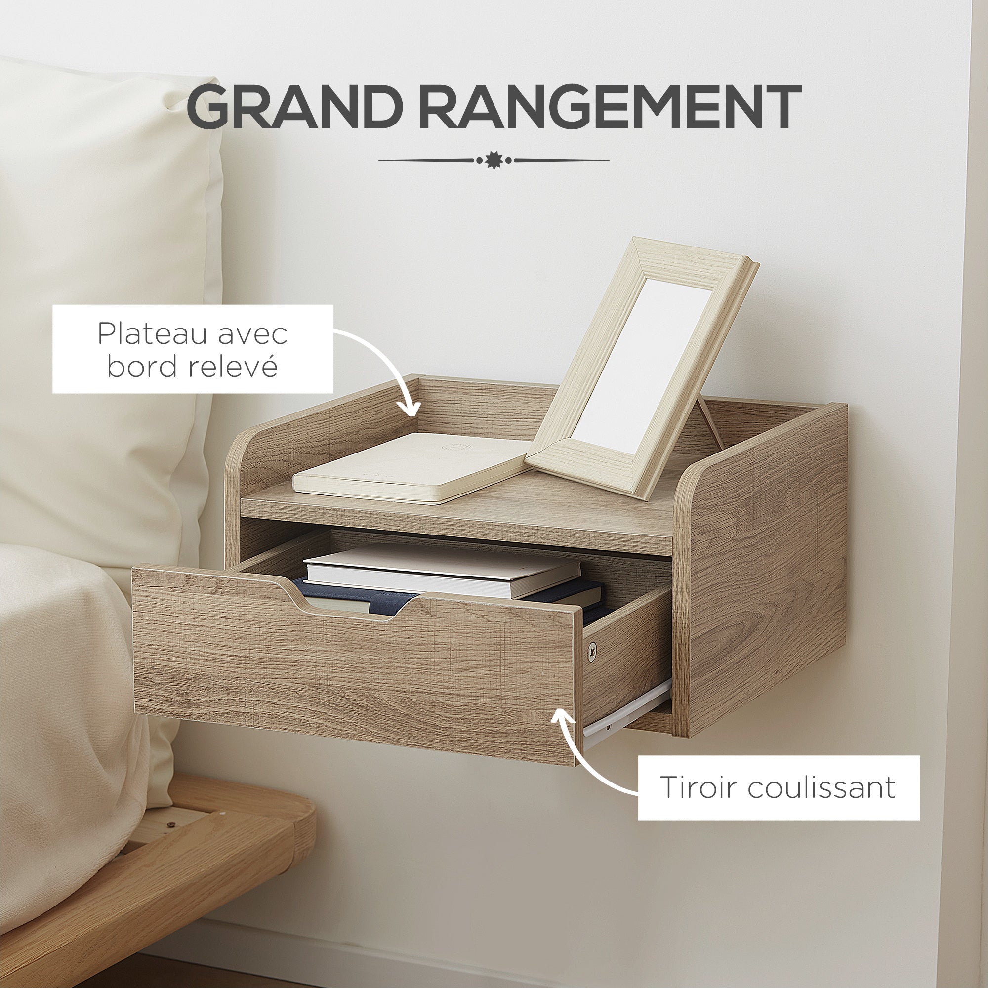 Set of 2 Wall-Mounted Bedside Tables Nightstands - Sliding Drawer, Shelf - Natural Particle Board 40W x 30D x 19.5H cm