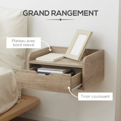 Set of 2 Wall-Mounted Bedside Tables Nightstands - Sliding Drawer, Shelf - Natural Particle Board 40W x 30D x 19.5H cm