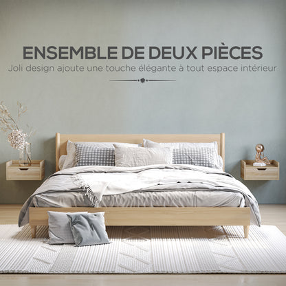 Set of 2 Wall-Mounted Bedside Tables Nightstands - Sliding Drawer, Shelf - Natural Particle Board 40W x 30D x 19.5H cm