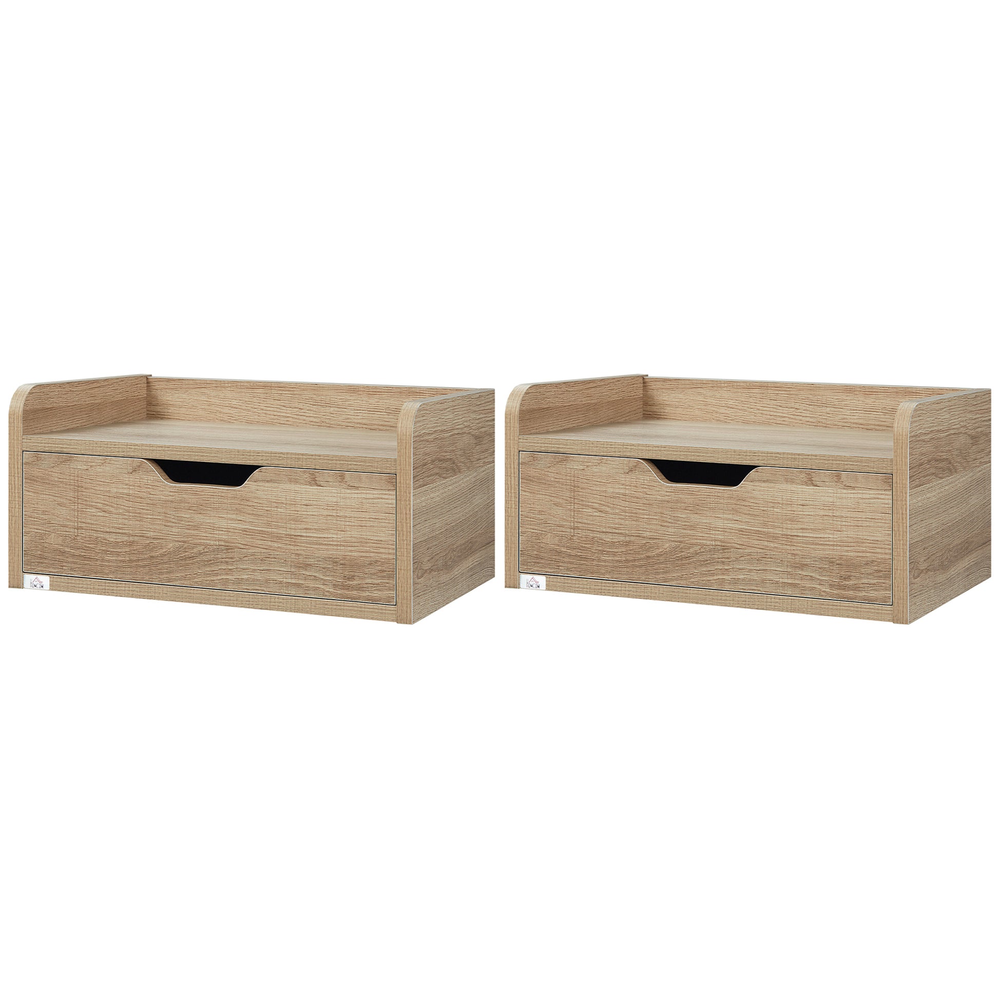 Set of 2 Wall-Mounted Bedside Tables Nightstands - Sliding Drawer, Shelf - Natural Particle Board 40W x 30D x 19.5H cm
