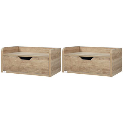 Set of 2 Wall-Mounted Bedside Tables Nightstands - Sliding Drawer, Shelf - Natural Particle Board 40W x 30D x 19.5H cm