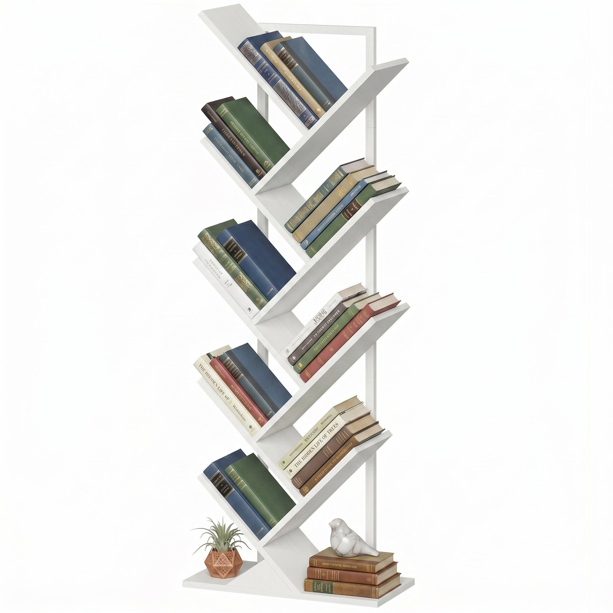 Tree-Shaped 9-Tier Slim Bookshelf, Corner/Storage Shelf for CDs, DVDs, Vinyl, Living Room, Bedroom, Office, White