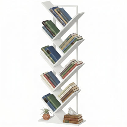 Tree-Shaped 9-Tier Slim Bookshelf, Corner/Storage Shelf for CDs, DVDs, Vinyl, Living Room, Bedroom, Office, White