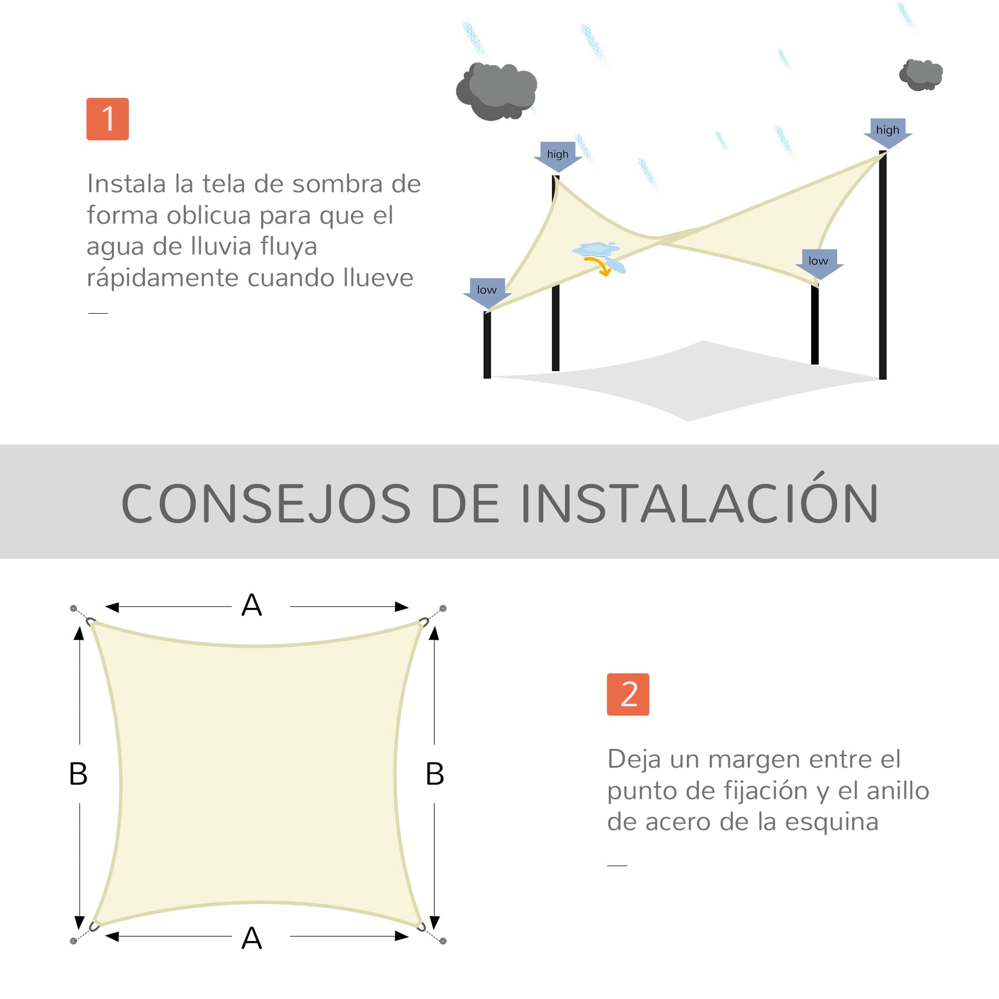 Square Sun Shade Sail 3x3 m Polyester Terrace Awning with Stainless Steel Ring and Ropes for Garden Patio Cream
