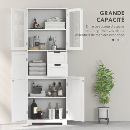 Bathroom Column, Modern High Bathroom Storage Cabinet with Glass Doors, Cupboards, Drawers and Adjustable Shelves, Bathroom Cabinet, Kitchen, Living Room, 60 x 30 x 170 cm, White