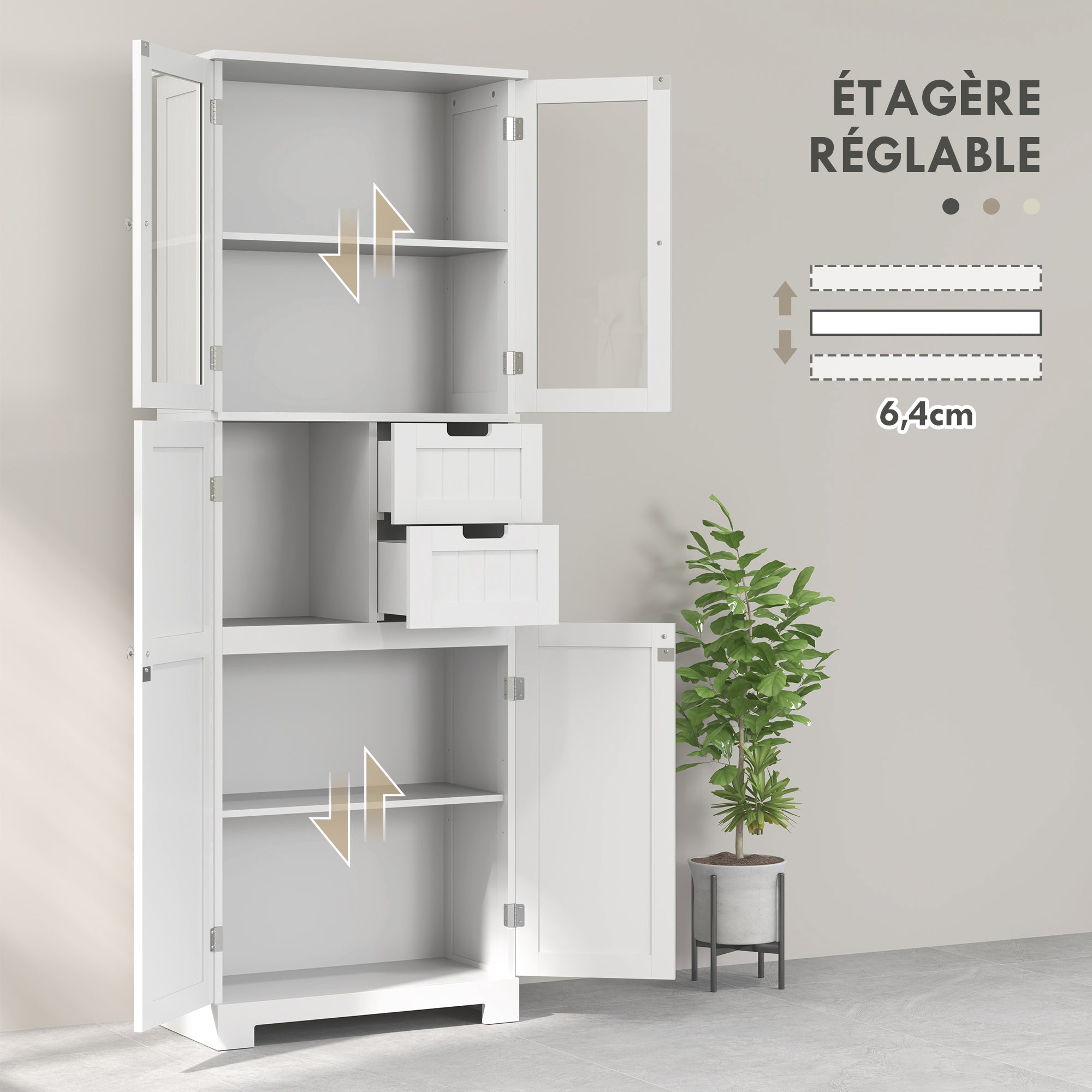 Bathroom Column, Modern High Bathroom Storage Cabinet with Glass Doors, Cupboards, Drawers and Adjustable Shelves, Bathroom Cabinet, Kitchen, Living Room, 60 x 30 x 170 cm, White