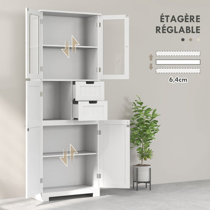 Bathroom Column, Modern High Bathroom Storage Cabinet with Glass Doors, Cupboards, Drawers and Adjustable Shelves, Bathroom Cabinet, Kitchen, Living Room, 60 x 30 x 170 cm, White