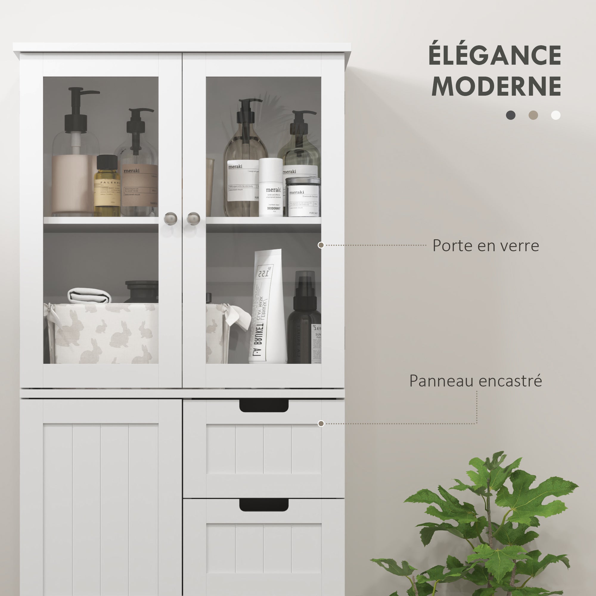 Bathroom Column, Modern High Bathroom Storage Cabinet with Glass Doors, Cupboards, Drawers and Adjustable Shelves, Bathroom Cabinet, Kitchen, Living Room, 60 x 30 x 170 cm, White