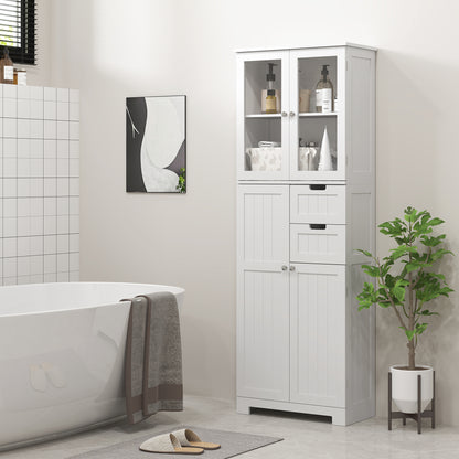 Bathroom Column, Modern High Bathroom Storage Cabinet with Glass Doors, Cupboards, Drawers and Adjustable Shelves, Bathroom Cabinet, Kitchen, Living Room, 60 x 30 x 170 cm, White