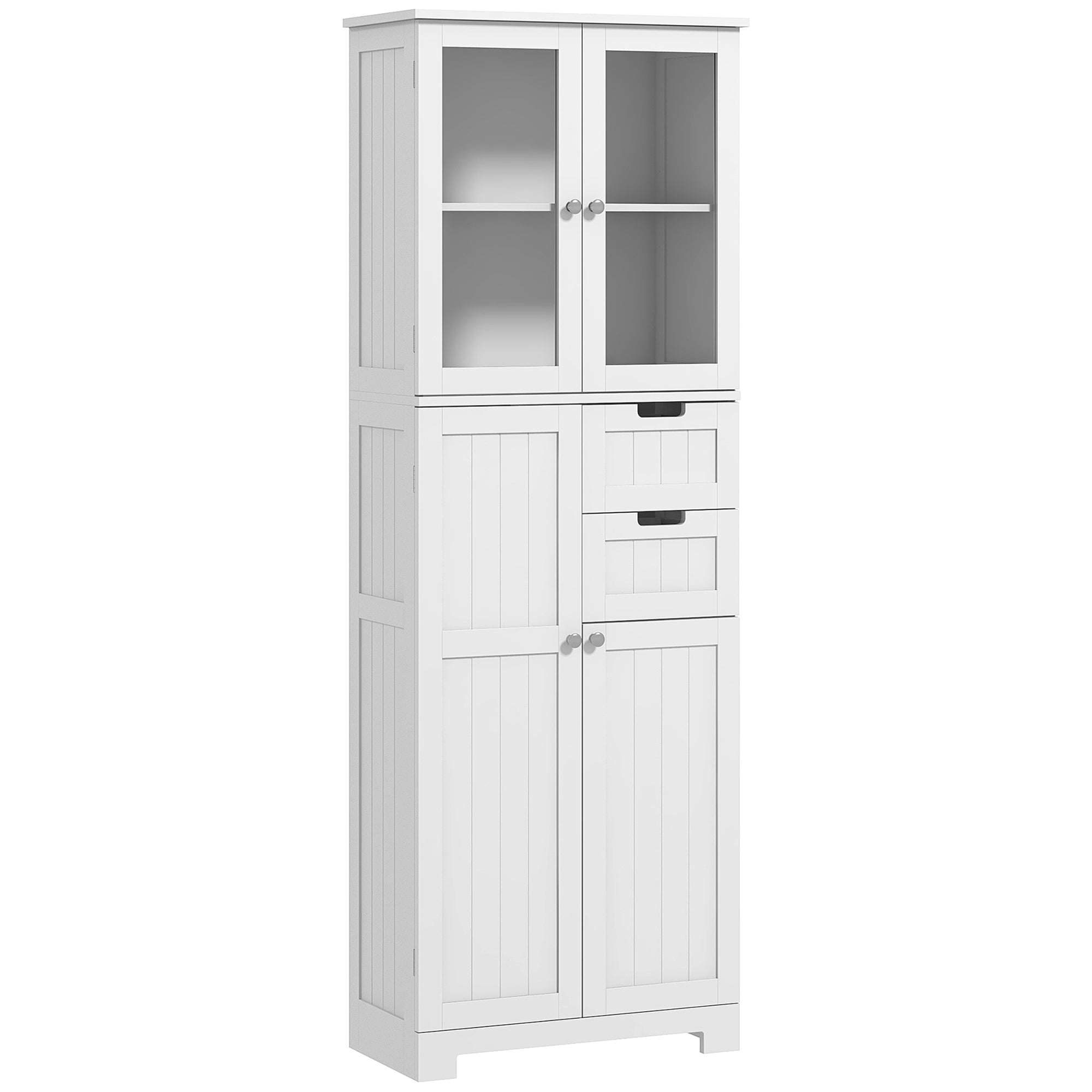 Bathroom Column, Modern High Bathroom Storage Cabinet with Glass Doors, Cupboards, Drawers and Adjustable Shelves, Bathroom Cabinet, Kitchen, Living Room, 60 x 30 x 170 cm, White