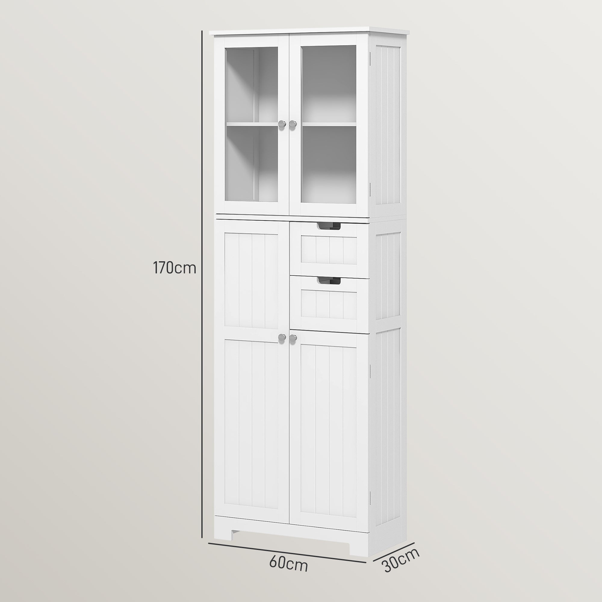 Bathroom Column, Modern High Bathroom Storage Cabinet with Glass Doors, Cupboards, Drawers and Adjustable Shelves, Bathroom Cabinet, Kitchen, Living Room, 60 x 30 x 170 cm, White