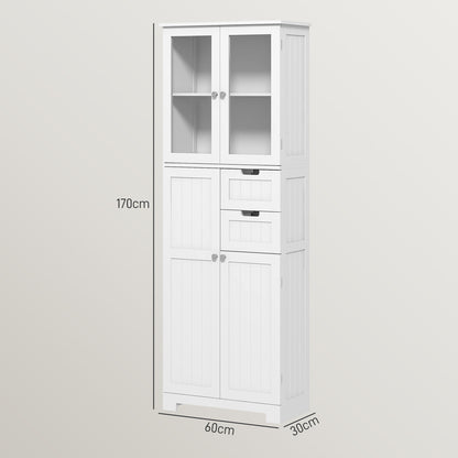 Bathroom Column, Modern High Bathroom Storage Cabinet with Glass Doors, Cupboards, Drawers and Adjustable Shelves, Bathroom Cabinet, Kitchen, Living Room, 60 x 30 x 170 cm, White