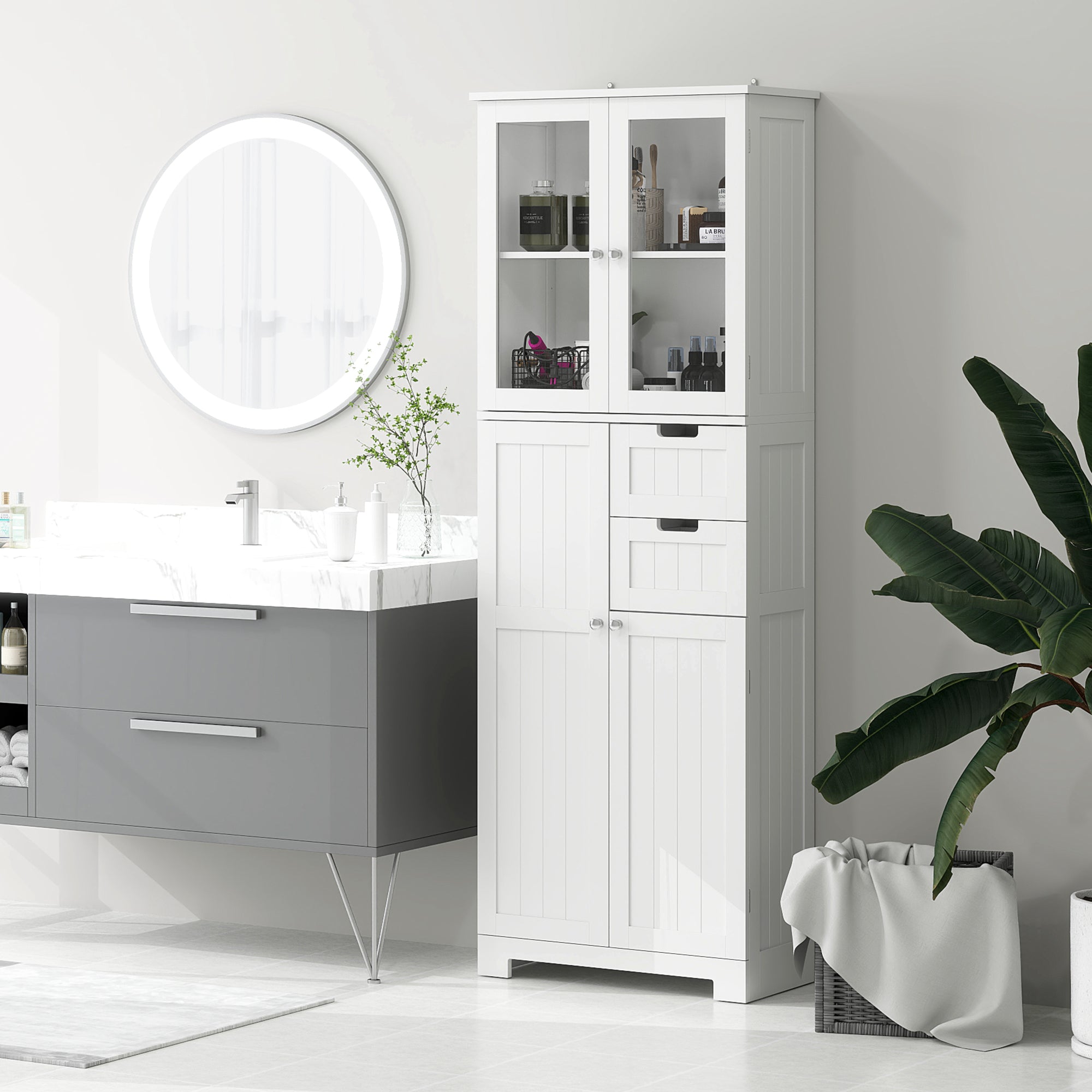 Bathroom Column, Modern High Bathroom Storage Cabinet with Glass Doors, Cupboards, Drawers and Adjustable Shelves, Bathroom Cabinet, Kitchen, Living Room, 60 x 30 x 170 cm, White
