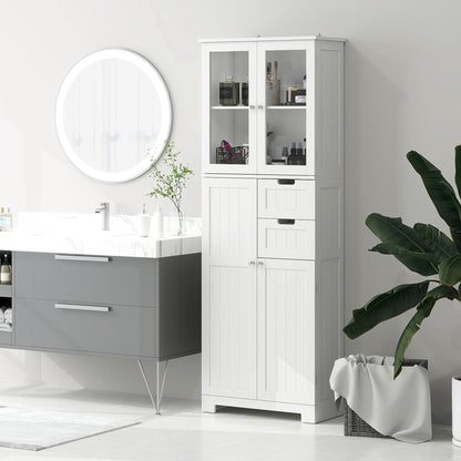 Bathroom Column, Modern High Bathroom Storage Cabinet with Glass Doors, Cupboards, Drawers and Adjustable Shelves, Bathroom Cabinet, Kitchen, Living Room, 60 x 30 x 170 cm, White