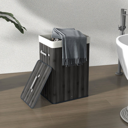 Bamboo Foldable Laundry Hamper with Lid, Handles, and Removable Bag for Bathroom 40x30x60 cm Dark Grey