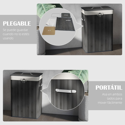 Bamboo Foldable Laundry Hamper with Lid, Handles, and Removable Bag for Bathroom 40x30x60 cm Dark Grey