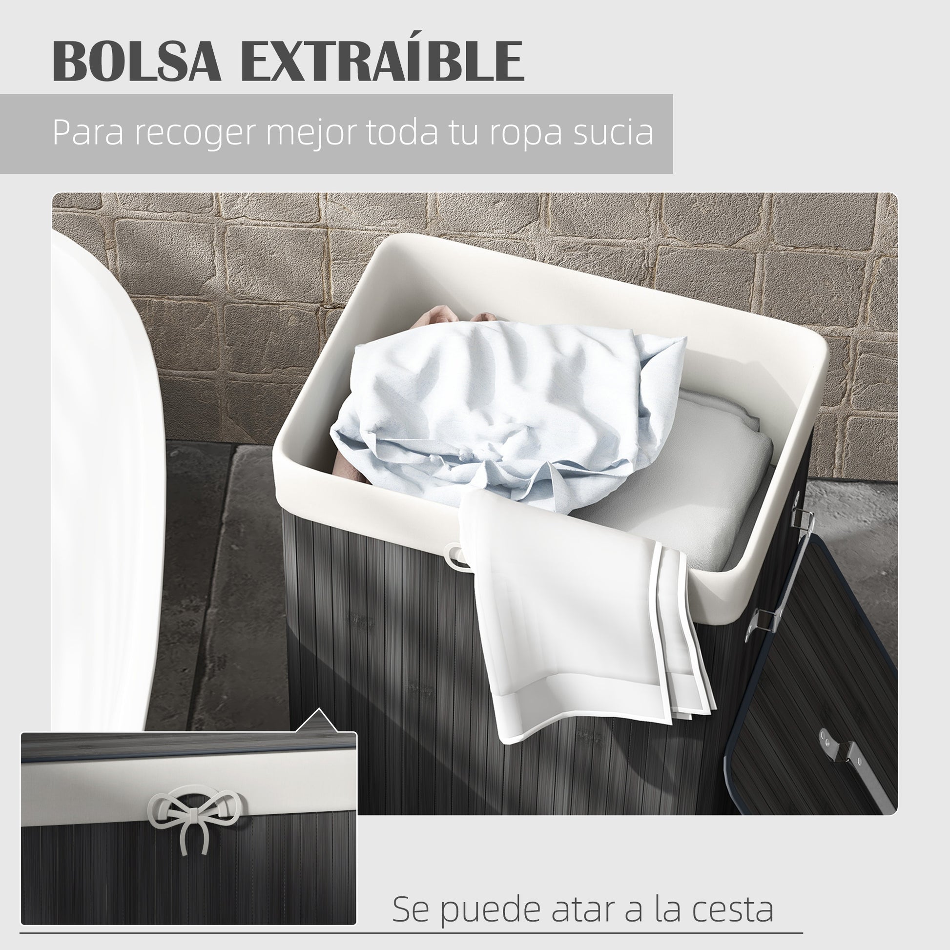 Bamboo Foldable Laundry Hamper with Lid, Handles, and Removable Bag for Bathroom 40x30x60 cm Dark Grey