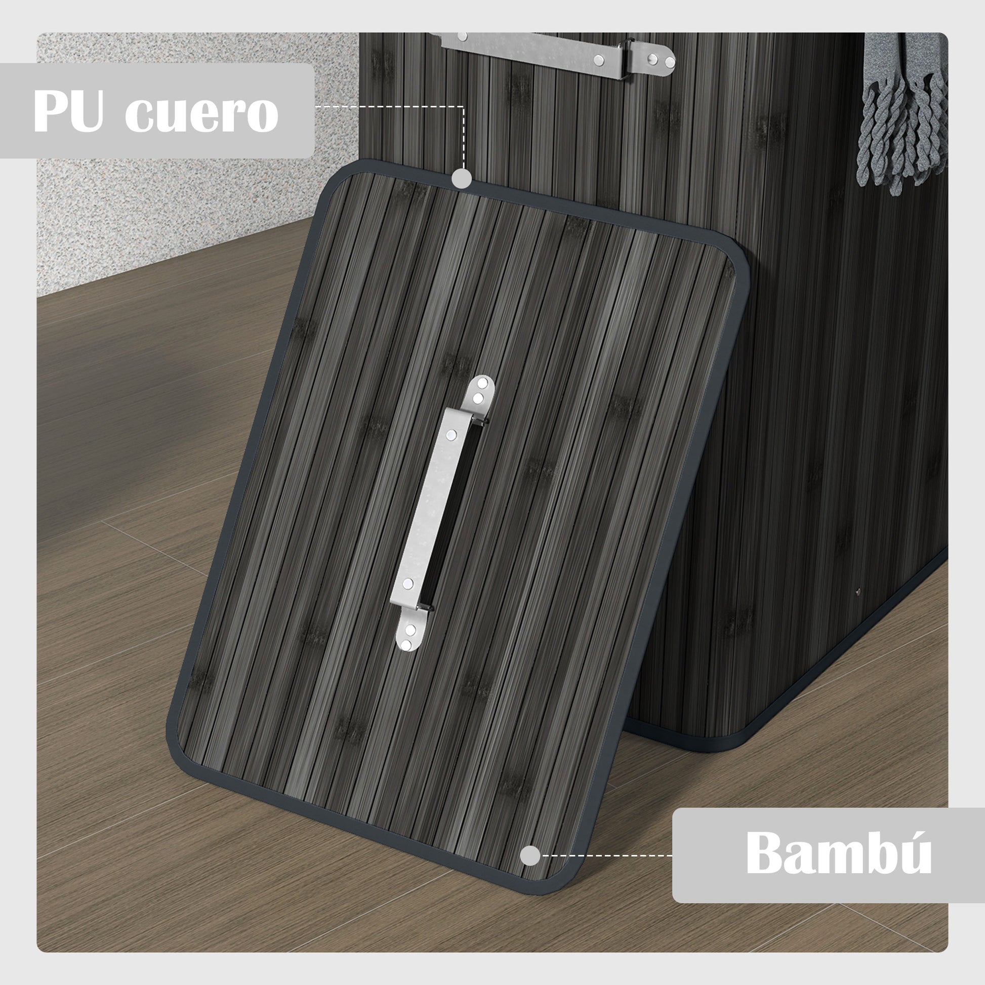 Bamboo Foldable Laundry Hamper with Lid, Handles, and Removable Bag for Bathroom 40x30x60 cm Dark Grey