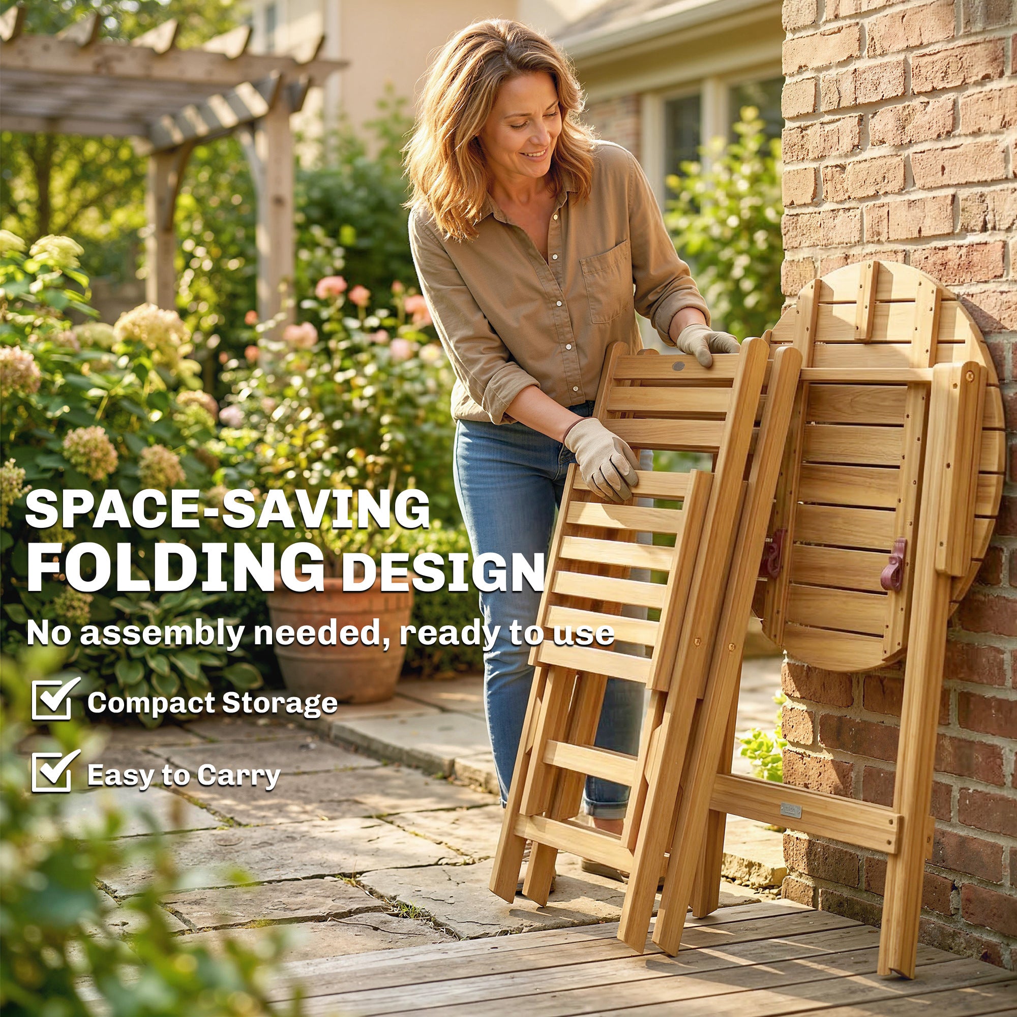 3-Piece Folding Balcony Set — FSC Acacia Wood Round Table & 2 Chairs with Breathable Slatted Seats and Cushions, Natural Wood