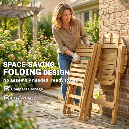 3-Piece Folding Balcony Set — FSC Acacia Wood Round Table & 2 Chairs with Breathable Slatted Seats and Cushions, Natural Wood