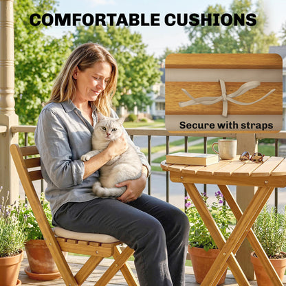 3-Piece Folding Balcony Set — FSC Acacia Wood Round Table & 2 Chairs with Breathable Slatted Seats and Cushions, Natural Wood