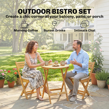 3-Piece Folding Balcony Set — FSC Acacia Wood Round Table & 2 Chairs with Breathable Slatted Seats and Cushions, Natural Wood
